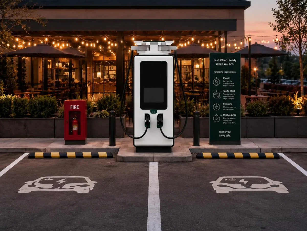 EV charging station at a café in the evening