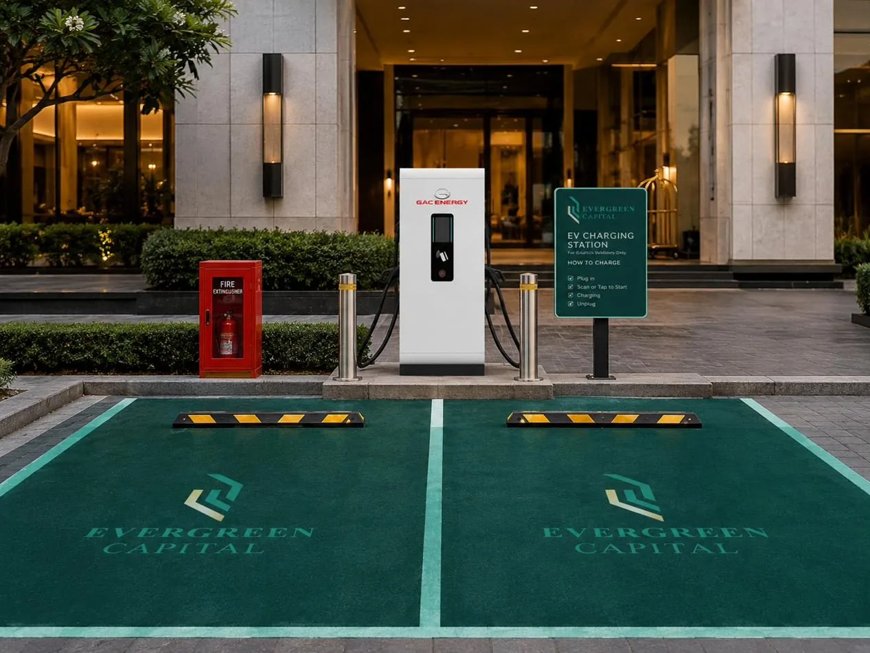 Evergreen branded EV charging bays at a commercial property in Thailand