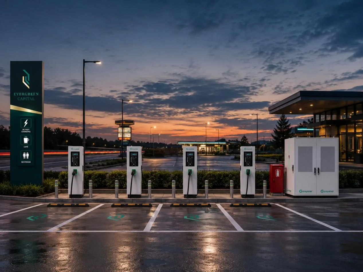 Split-type DC charging hub with central power cabinets at dusk